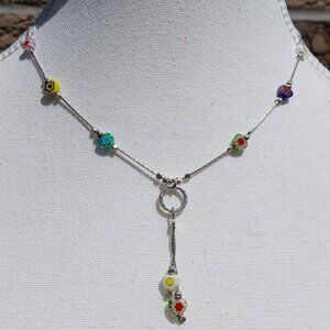 Sterling Silver Millefiori Necklace With Drop Detail Multicolour